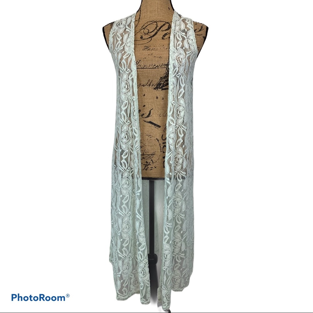 LuLaRoe Joy Duster Vest XS | Mint Green Lace Longline Layering Boho Festival